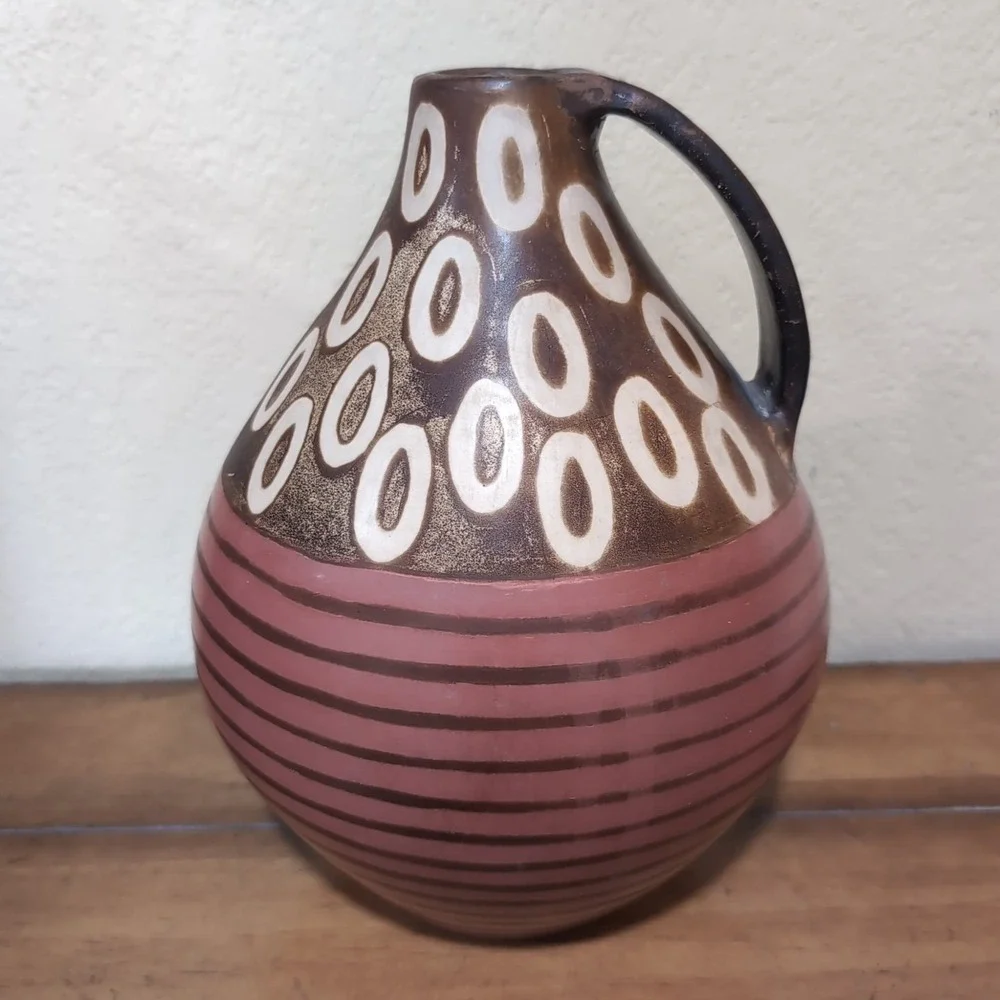 VTG Alex Calle Pottery‎ Jug Vase Signed Brown Geometric Modernist Peru Folk Art
